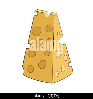 Schönes dreieckiges Stück gelber Hartkäse mit großen runden Löchern. Symbol für lineare flache Lebensmittel mit Füllung. Illustration für Kochbuch, Symbol für Farm Shop Website mit hausgemachtem Essen. Logo, Aufkleber. Stock Vektor