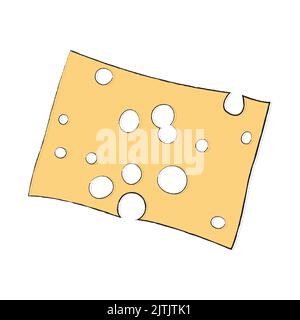 Rechteckig geschnittenes Stück gelber Hartkäse mit großen runden Löchern. Käseschneiden für einen Wein- oder Bierteller. Einfaches lineares Symbol für Lebensmittel in Farbe. Design für Aufkleber, Clipart, Schaufenster, Etikett. Stock Vektor