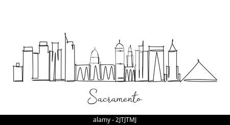 Eine einzige fortlaufende Linienzeichnung der Skyline von Sacramento in den USA. Berühmte Stadt Wolkenkratzer Landschaft. Welt Reise Postkarte Heim Dekor Wandkunst Posterdruck Stock Vektor