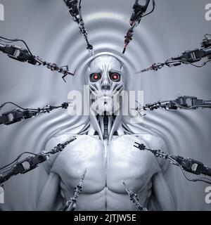 Humanoide Roboter-Kreation - 3D Illustration der Science-Fiction Cyborg Mann aus geschmolzenem flüssigem Metall bilden Stockfoto