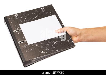 Handmappe mit isolierten Dokumenten auf weißem Hintergrund, Vorlage für Designer Stockfoto