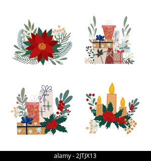 Weihnachtspflanzen und Geschenke Arrangements Set Vektor Illustration, Winter Feiertage Karte Vorlage, festliche Periode Feier Vorlage Stock Vektor