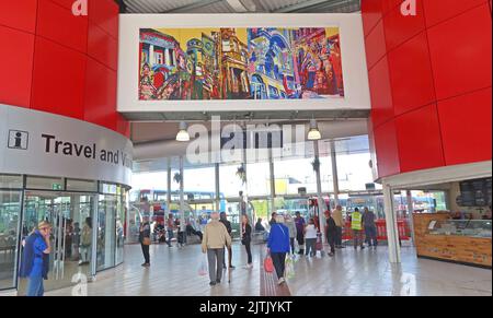 Warrington Interchange Busbahnhof Hauptbahnhof, Stadtzentrum, Horsemarket St, Warrington, Chesthire, ENGLAND, GROSSBRITANNIEN, WA2 7TS Stockfoto