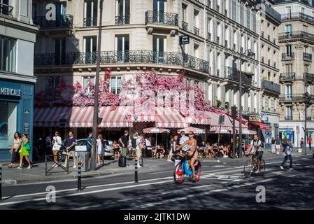 Farbenprächtiges, rosafarbenes Café in der Rue Saint-Antoine im Viertel Marais, Paris, Frankreich Stockfoto