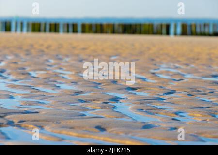 Typischer Blick auf die Küste nach der Flut, mit dem salzigen Wasser, das erstaunliche Muster am Strand hinterlässt, während das Wasser einen Weg zurück findet Stockfoto
