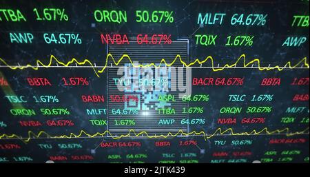 Bild der Verarbeitung von Börsendaten über qr-Code-Scanner gegen ein Netzwerk von Verbindungen Stockfoto