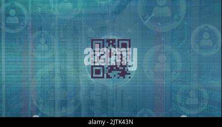 Bild des qr-Codes und des Scanners, der Daten über ein Netzwerk von Personensymbolen verarbeitet Stockfoto