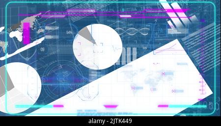 Bild von beweglichen Graphen, dna-Helix, Karte und Programmierdaten über grafische Infografik-Schnittstelle Stockfoto
