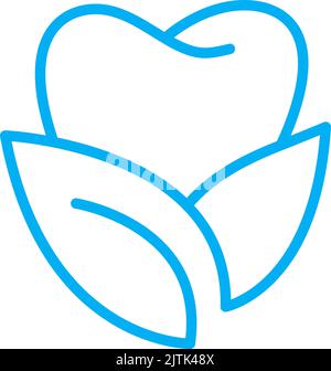 Blauer Zahn und zwei Blätter Monoline Logo-Symbol. Symbol für Vektorzahnmedizin. Medizinisches Schild. Dentalhealth Zahn. Clean White und gesund. Zahnmedizinische Versorgung Stock Vektor