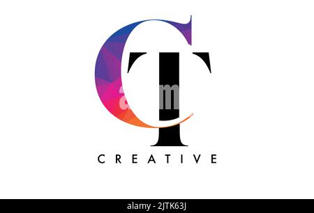 CT Letter Design mit kreativem Schnitt und farbenfroher Regenbogenstruktur. TC Letter Icon Vektor-Logo mit Serif-Schrift und minimalistischem Stil. Stock Vektor