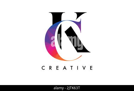 CK Letter Design mit kreativem Schnitt und farbenfroher Regenbogenstruktur. CK Letter Icon Vektor-Logo mit Serif-Schriftart und minimalistischem Stil. Stock Vektor