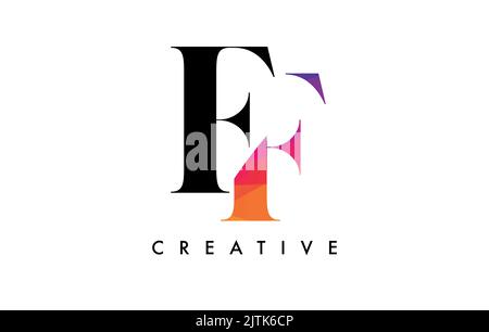 Ff Briefdesign mit kreativem Schnitt und farbenfroher Regenbogenstruktur. Ff Buchstabensymbol Vektorlogo mit Serifenschrift und minimalistischem Stil. Stock Vektor