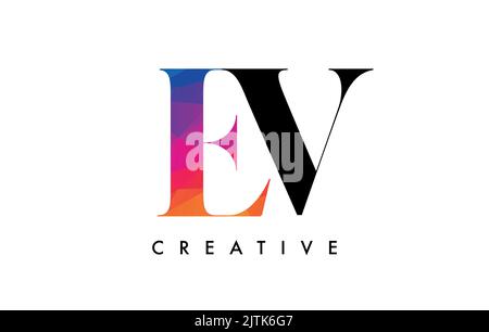 EV Letter Design mit kreativem Schnitt und farbenfroher Regenbogenstruktur. VE Letter Icon Vektor-Logo mit Serifenschrift und minimalistischem Stil. Stock Vektor