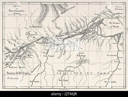 Karte des unteren Amazonasbeckens, Brasilien. Südamerika. Reise durch Südamerika, vom Pazifik zum Atlantik von Paul Marcoy 1848-1860 ab Le Tour du Monde 1867 Stockfoto