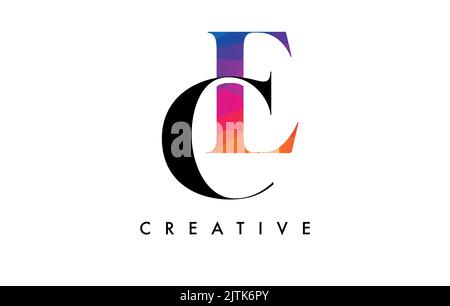 CE Letter Design mit kreativem Schnitt und farbenfroher Regenbogenstruktur. EC Letter Icon Vektor-Logo mit Serif-Schriftart und minimalistischem Stil. Stock Vektor