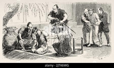 Hinrichtung eines durch das Schwert Verurteilten, Tokio. Japan, Asien. Reise nach Japan mit Aime Humbert 1863-1864 ab Le Tour du Monde 1867 Stockfoto
