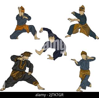 Ein Vektor einer Zeichentrickfigur, die verschiedene Karate-Posen auf weißem Hintergrund macht Stock Vektor