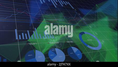Bild der Verarbeitung von Finanzdaten über Formen auf schwarzem Hintergrund Stockfoto