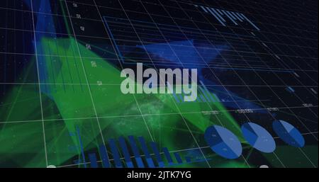 Bild der Verarbeitung von Finanzdaten über Formen auf schwarzem Hintergrund Stockfoto