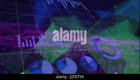 Bild der Verarbeitung von Finanzdaten über Formen auf schwarzem Hintergrund Stockfoto