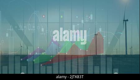 Bild der statistischen Datenverarbeitung über sich drehenden Windmühlen auf Grasland gegen blauen Himmel Stockfoto