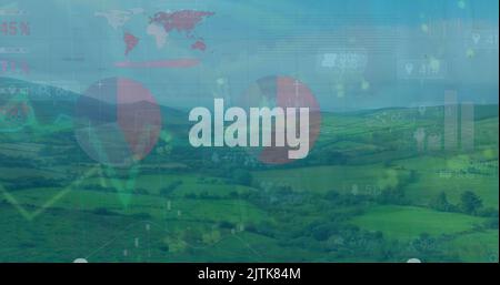 Bild der statistischen Datenverarbeitung gegen die Luftaufnahme von Grasland Stockfoto