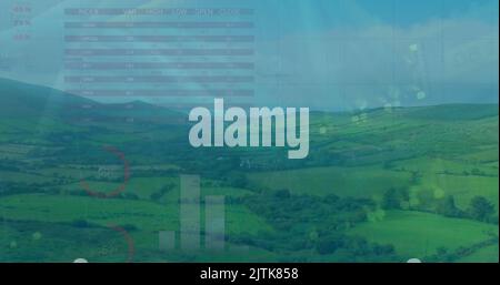 Bild der statistischen Datenverarbeitung gegen die Luftaufnahme von Grasland Stockfoto