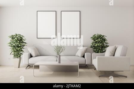 Interior Mockup - Wohnzimmer mit Sofa, Sessel, Pflanzen, Couchtisch, Teppich und zwei leeren Bilderrahmen Stockfoto