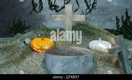 Halloween-Objekt mit Podium-Mock-up für Produktpräsentation und dein Design in Halloween-Festival, 3D Illustration Rendering Stockfoto