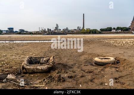 Rhein bei Emmerich, extrem niedriges Wasser, Rheinspiegel 0 cm, Tendenz fallend, NRW, Deutschland Stockfoto