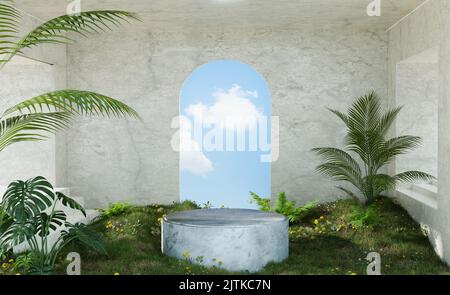 Zement Podium Bühne Modell im Naturraum, 3D Illustration Rendering Stockfoto