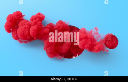 Roter Rauch kommt aus einem kreisförmigen Loch auf hellblauem Hintergrund. 3D Rendern Stockfoto