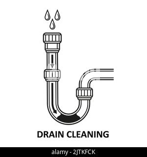 Reinigung des Abflusses, Symbol für verstopfende Leitung des Abflussrohrs. Chemischer Reiniger für Abwasserleitungen. Verstopfen Sie den schmutzigen Toilettenabfluss. Schmutz im Abwasser entfernen. Vektor Stock Vektor