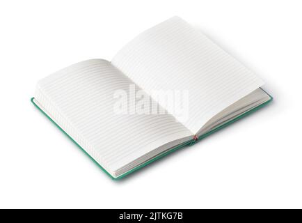 Öffnen Sie das leere Hardcover-Notebook isoliert auf Weiß Stockfoto