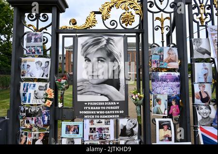 London, Großbritannien. 31/08/2022 versammelten sich die königlichen Fans vor den Golden Gates vor dem Kensington Palace, dem ehemaligen Zuhause von Prinzessin Diana, um anlässlich des 25.. Todestages von Prinzessin Diana Blumen zu feiern. Stockfoto