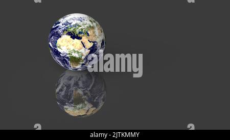 Planet Erde auf grauem, glänzenden Schreibtisch mit Spiegelung platziert. 3D Rendern. Elemente dieses Bildes, die von der NASA eingerichtet wurden. Stockfoto