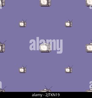 Retro-Fernseher mit gravierten, nahtlosen Antennenmustern. Vintage-Fernseher im handgezeichneten Stil. Skizzenstruktur für Stoff, Tapete, Textil, Druck, Titel, Stock Vektor