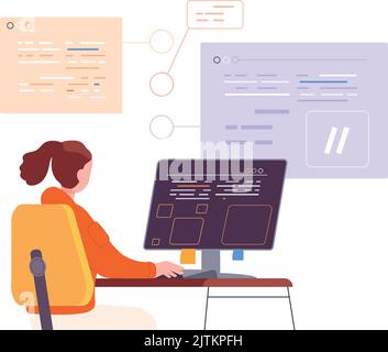 Frau, die mit Codesprache arbeitet. Algorithmus Codierer Zeichen auf weißem Hintergrund isoliert Stock Vektor