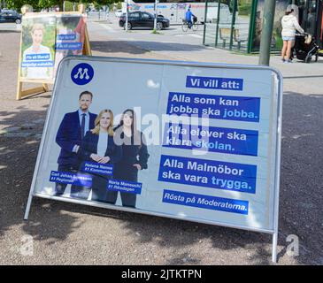 Malmö, Schweden. 31. August 2022. Wahlplakate, die der Öffentlichkeit in Malmö, Schweden, vor dem Wahlsonntag, dem 11. September, präsentiert wurden. Tommy Lindholm Stockfoto