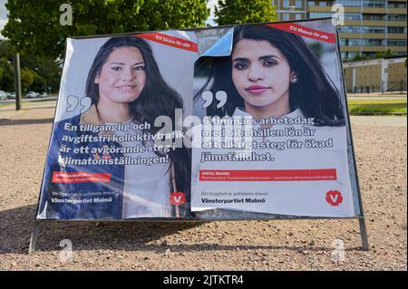 Malmö, Schweden. 31. August 2022. Wahlplakate, die der Öffentlichkeit in Malmö, Schweden, vor dem Wahlsonntag, dem 11. September, präsentiert wurden. Tommy Lindholm Stockfoto