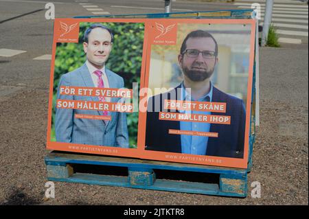 Malmö, Schweden. 31. August 2022. Wahlplakate, die der Öffentlichkeit in Malmö, Schweden, vor dem Wahlsonntag, dem 11. September, präsentiert wurden. Tommy Lindholm Stockfoto