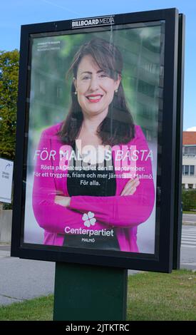 Malmö, Schweden. 31. August 2022. Wahlplakate, die der Öffentlichkeit in Malmö, Schweden, vor dem Wahlsonntag, dem 11. September, präsentiert wurden. Tommy Lindholm Stockfoto