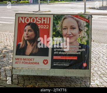 Malmö, Schweden. 31. August 2022. Wahlplakate, die der Öffentlichkeit in Malmö, Schweden, vor dem Wahlsonntag, dem 11. September, präsentiert wurden. Tommy Lindholm Stockfoto