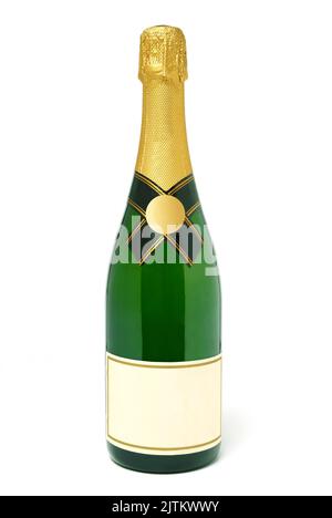 Eine einfache Champagnerflasche isoliert auf weißem Hintergrund ausgeschnitten Stockfoto