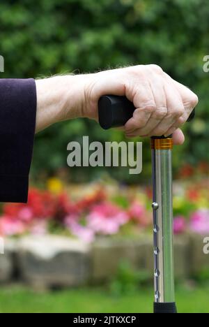 Ältere Frauen halten einen Spazierstock in der Hand Stockfoto