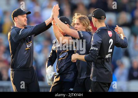 Manchester, Großbritannien. 31. August 2022. Tom Lammonby von Manchester Originals feiert das Wicket von Sam Curran von Oval Invincibles Credit: News Images LTD/Alamy Live News Stockfoto