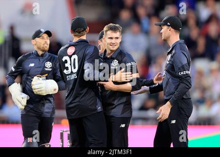 Josh Little von Manchester Originals beendete das Spiel mit den besten Bowlingfiguren aller Zeiten in den hundert, fünf Wickets für 13 Läufe Stockfoto