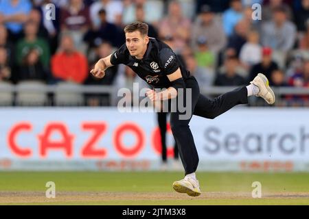 Josh Little von Manchester Originals beendete das Spiel mit den besten Bowlingfiguren aller Zeiten in den hundert, fünf Wickets für 13 Läufe Stockfoto