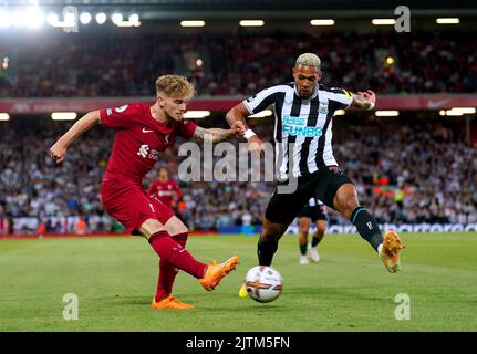 Harvey Elliott aus Liverpool (links) und Joelinton aus Newcastle United kämpfen während des Spiels der Premier League in Anfield, Liverpool, um den Ball. Bilddatum: Mittwoch, 31. August 2022. Stockfoto