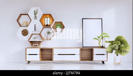 Sechseckiges Holzregal japanisch auf Wandhintergrund.3D Rendering Stockfoto